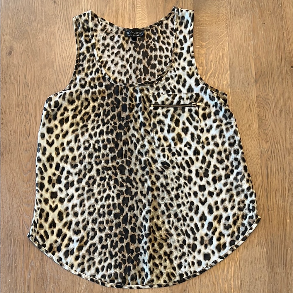 Topshop Leopard Print Semi Sheer Curved Hem Women's Tank Top, Size 4